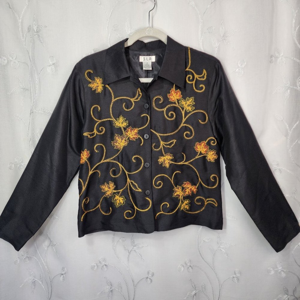 Vintage Black Silk Long Sleeve Blouse. Leaf &Vine Embroidery. Medium.